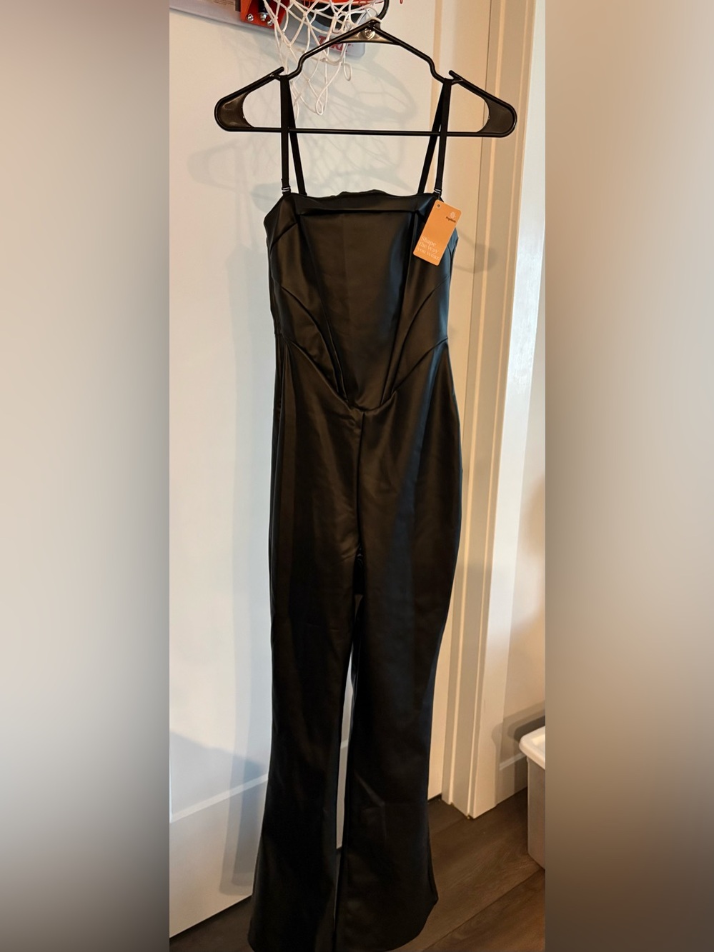 Sleek Black Faux Leather Strap Jumpsuit